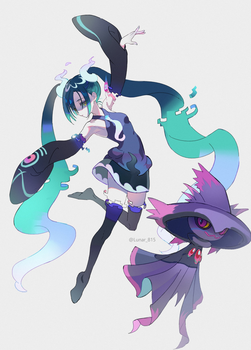 1girl aqua_hair bare_shoulders black_thighhighs detached_sleeves floating ghost ghost_miku_(project_voltage) glitch gradient_hair grey_shirt hair_over_one_eye hatsune_miku highres long_hair lunar_(lunar_815) mismagius multicolored_hair necktie pale_skin pokemon pokemon_(creature) project_voltage see-through see-through_skirt shirt simple_background skirt thigh-highs very_long_hair vocaloid will-o'-the-wisp_(mythology) yellow_eyes