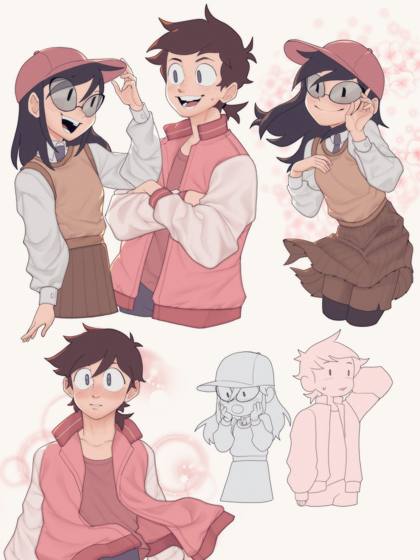 1boy 1girl :o aged_up black_hair black_thighhighs blush brown_skirt brown_vest collarbone cropped_torso crossed_arms glasses grey_jacket hands_on_own_cheeks hands_on_own_face highres jacket long_hair mrfishcorpse multicolored_clothes multicolored_jacket necktie open_clothes open_jacket pink_headwear pink_jacket pleated_skirt ponytail short_hair shorts shorts_under_skirt simple_background skirt smile teeth the_fairly_oddparents thigh-highs timmy_turner tootie two-tone_jacket vest white_background