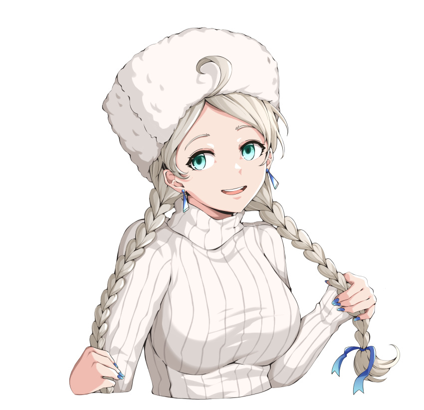 1girl absurdres ahoge alternate_costume blue_eyes blue_nails blue_ribbon braid breasts commission commissioner_upload crystal_earrings earrings facing_to_the_side fire_emblem fire_emblem_fates fur_hat grey_hair hat highres jewelry long_hair looking_to_the_side low_twin_braids medium_breasts nail_polish nina_(fire_emblem) non-web_source open_mouth parted_bangs pulling_own_hair ribbon solo sweater teeth turtleneck turtleneck_sweater twin_braids upper_body upper_teeth_only ushanka villager_c white_background white_headwear white_sweater