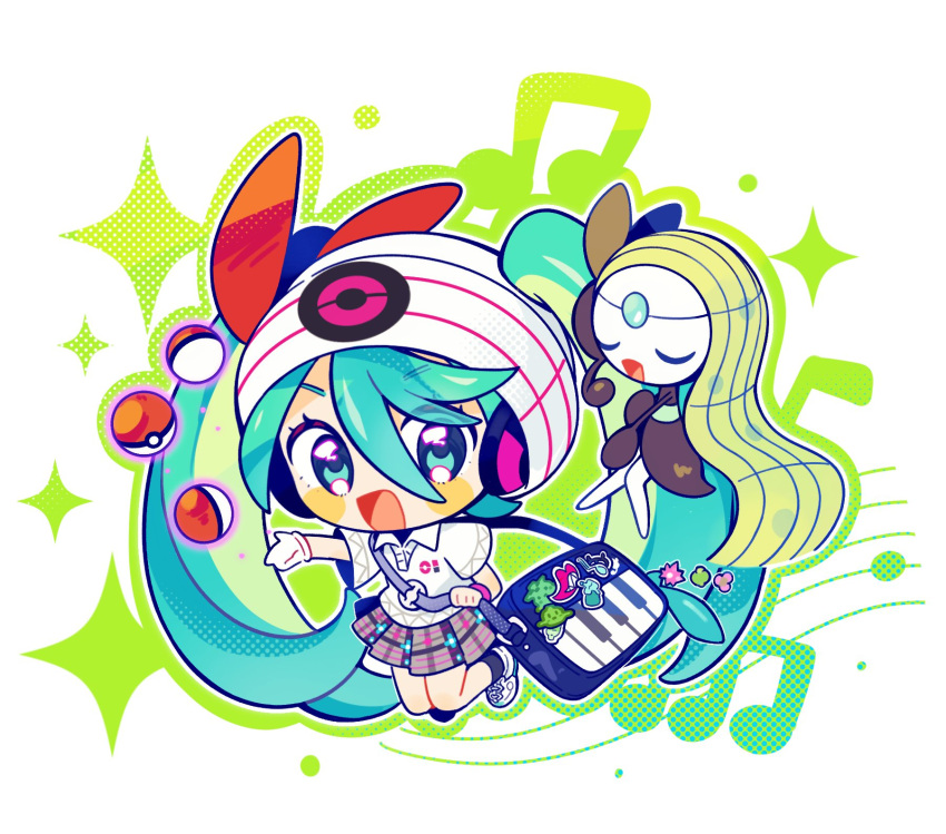 1girl :d aqua_eyes aqua_hair bag beanie blush chibi closed_eyes collared_shirt floating floating_object full_body gloves hair_between_eyes hat hatsune_miku headphones highres holding_strap inomo_(qimoshu) long_hair looking_at_viewer meloetta music musical_note open_mouth pleated_skirt poke_ball poke_ball_(basic) pokemon pokemon_(creature) polo_shirt project_voltage psychic_miku_(project_voltage) shirt shoulder_bag singing single_glove skirt smile sparkle twintails very_long_hair vocaloid white_footwear white_gloves white_headwear white_shirt