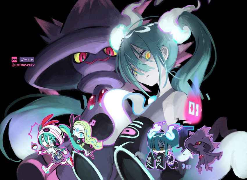 2girls aqua_hair bag beanie black_thighhighs commentary extraspiky floating ghost ghost_miku_(project_voltage) green_hair grey_shirt hat hatsune_miku highres long_hair looking_at_viewer meloetta mismagius multiple_girls musical_note necktie pale_skin pleated_skirt poke_ball pokemon pokemon_(creature) project_voltage psychic psychic_miku_(project_voltage) shirt shoulder_bag skirt sleeves_past_fingers sleeves_past_wrists thigh-highs twintails very_long_hair vocaloid white_footwear white_headwear white_shirt will-o'-the-wisp_(mythology) yellow_eyes