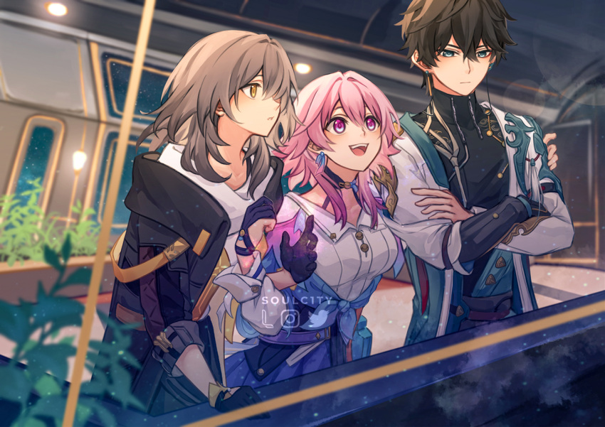 1boy 2girls :d archery_shooting_glove arm_hug artist_name astral_express_(honkai:_star_rail) black_choker black_gloves black_hair black_jacket blue_eyes blue_jacket breasts brown_hair chinese_clothes choker coat commentary_request crossed_arms dan_heng_(honkai:_star_rail) earrings expressionless eyeshadow gloves gradient_eyes green_coat green_eyes hair_between_eyes honkai:_star_rail honkai_(series) hood hood_down jacket jewelry long_hair long_sleeves looking_outside makeup march_7th_(honkai:_star_rail) medium_hair multicolored_eyes multiple_girls one-armed_hug open_clothes open_jacket open_mouth parted_lips partially_fingerless_gloves pink_eyes pink_hair red_eyeliner red_eyeshadow shirt sleeve_rolled_up smile standing stelle_(honkai:_star_rail) tassel teeth tied_jacket toritama trailblazer_(honkai:_star_rail) two-tone_eyes upper_teeth_only watermark white_coat white_shirt window yellow_eyes yellow_trim