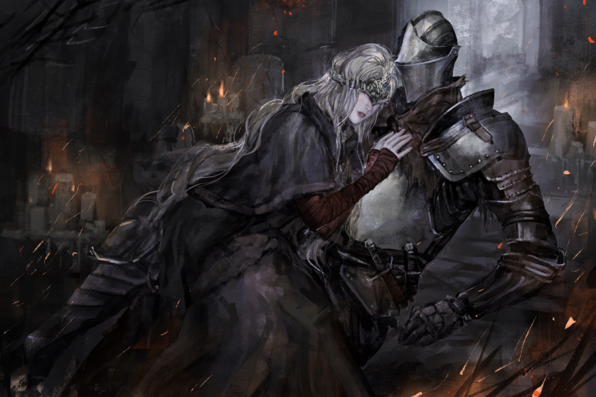 1girl 1other ambiguous_gender armor ashen_one_(dark_souls_3) black_capelet black_robe blindfold blonde_hair breastplate candle capelet chinese_commentary commentary_request covered_eyes covered_face dark_souls_(series) dark_souls_iii embers feet_out_of_frame fire_keeper from_side full_armor gauntlets hands_on_another's_chest helm helmet highres long_hair lying_on_person parted_lips pauldrons realistic robe sadchunchun sheath sheathed shoulder_armor sword torn_clothes wavy_hair weapon