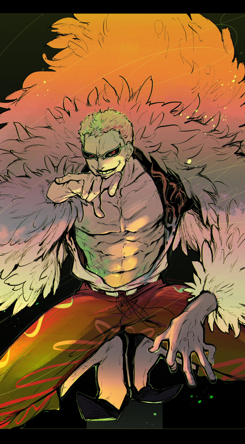 1boy abs absurdres arm_up blonde_hair capri_pants coat donquixote_doflamingo earrings feather_coat highres jewelry looking_at_viewer male_focus muscular muscular_male nowosuke one_piece open_clothes outstretched_arm pants patterned_clothing pectorals pink_coat short_hair smile squatting sunglasses thread