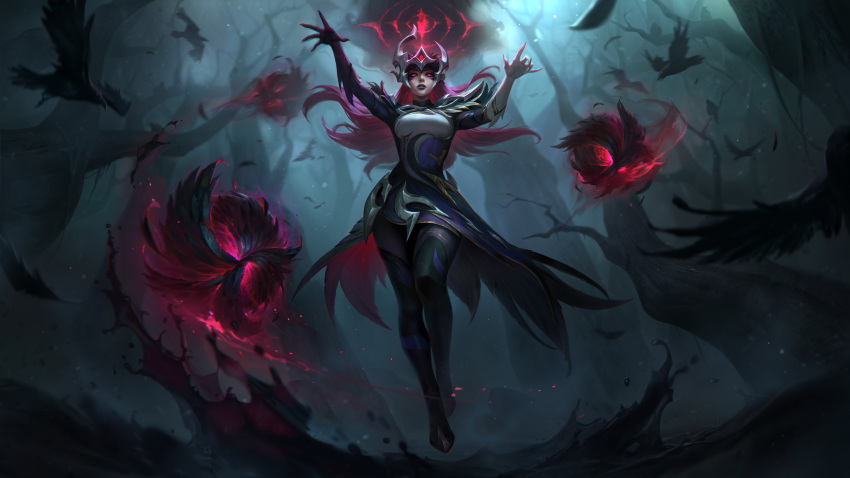 1girl absurdres animal ball bare_tree bird black_dress black_gloves black_pantyhose blue_dress coven_syndra crow dress feathers floating forest from_below gem gloves glowing glowing_eyes highres league_of_legends long_hair looking_at_viewer magic nature official_art outdoors pantyhose pink_eyes redhead solo syndra tree water white_dress white_gloves