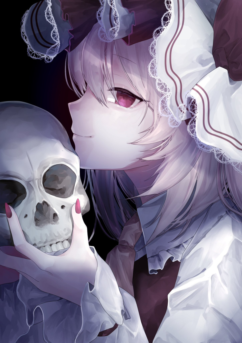 1girl black_background blonde_hair collared_shirt fingernails flandre_scarlet frilled_hat frilled_shirt frilled_shirt_collar frills hat hat_ribbon highres holding holding_skull long_sleeves looking_at_viewer medium_hair nail nail_polish neckerchief red_eyes red_nails red_ribbon red_vest ribbon sharp_fingernails shirt simple_background skull sleeves_past_wrists smile t_terano teeth touhou upper_teeth_only vampire vest white_headwear white_shirt yellow_neckerchief