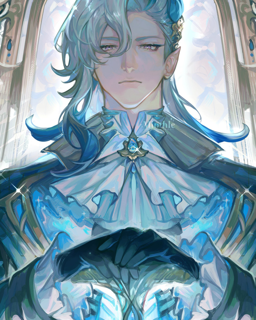 1boy artist_name ascot black_gloves blue_eyeshadow blue_gemstone blue_hair blue_jacket closed_mouth collared_jacket eyelashes eyeshadow feather_hair_ornament feathers gem genshin_impact gloves gold_trim grey_hair hair_between_eyes hair_ornament hands_up highres holding holding_sword holding_weapon indoors jacket light long_hair long_sleeves looking_at_viewer makeup male_focus mandarin_collar miothle multicolored_hair neuvillette_(genshin_impact) open_clothes open_jacket pointy_ears shirt solo sparkle sword two-tone_hair violet_eyes watermark weapon white_ascot white_shirt window