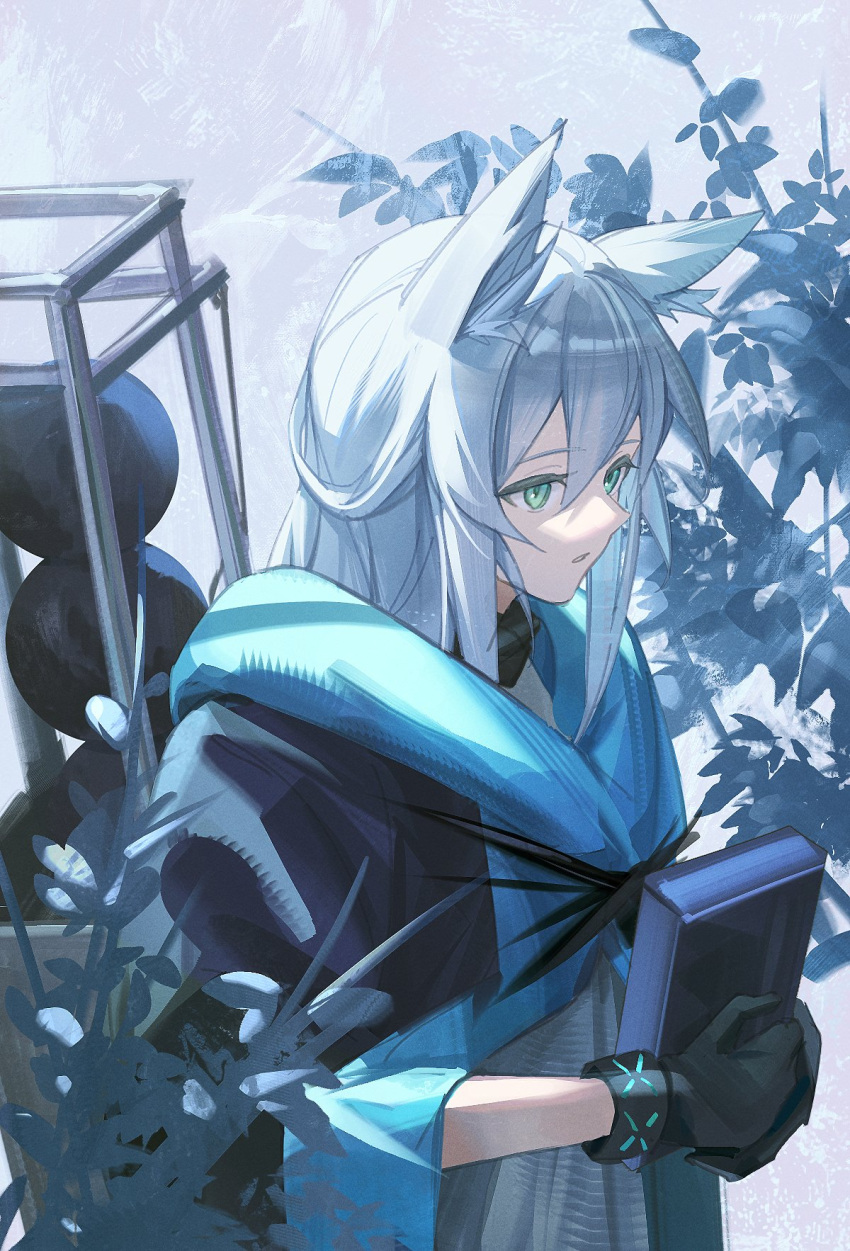1girl animal_ears aqua_eyes arknights black_cloak black_gloves blue_cloak book cat_ears cat_girl cloak commentary_request gloves grey_hair highres holding holding_book infection_monitor_(arknights) li2_su2 long_hair open_mouth plant rosmontis_(arknights) solo two-tone_cloak upper_body