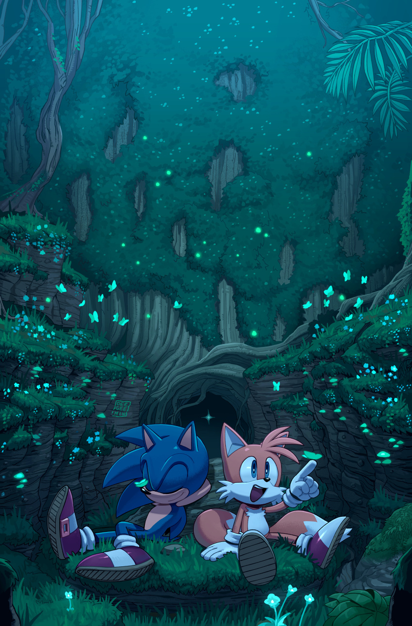 2boys absurdres animal_ears blue_fur bug butterfly digimin firefly forest fox fox_ears fox_tail glass gloves hedgehog hedgehog_ears highres light_particles looking_to_the_side multiple_boys nature night night_sky rock shoes sky sleeping smile sonic_(series) sonic_the_hedgehog tail tails_(sonic) tree white_gloves yellow_fur