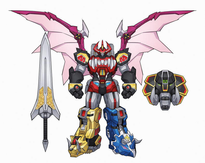 absurdres arms_at_sides chinese_commentary clenched_hands commentary_request full_body highres mecha megazord mighty_morphin_power_rangers no_humans onion_maru power_rangers robot science_fiction shield simple_background sitting standing super_robot sword tokusatsu weapon white_background wings yellow_eyes