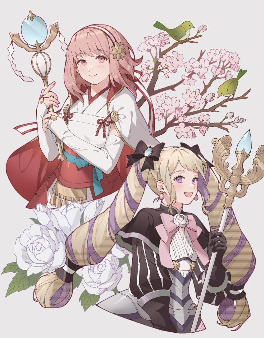 2girls ai_tkkm animal armor armored_dress bird black_bow black_capelet black_dress black_gloves blonde_hair blush bow capelet cherry_blossoms closed_mouth commentary cropped_torso detached_sleeves dress drill_hair earrings elise_(fire_emblem) fire_emblem fire_emblem_fates flower gloves grey_background hair_bow hairband highres holding holding_staff japanese_clothes jewelry kimono long_hair looking_at_viewer multiple_girls nontraditional_miko open_mouth pink_eyes pink_flower pink_hair rose sakura_(fire_emblem) short_hair simple_background smile staff twin_drills twintails very_long_hair violet_eyes white_flower white_hairband white_kimono white_rose white_sleeves