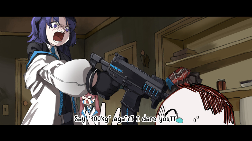1boy 2girls angry arona's_sensei_doodle_(blue_archive) blue_archive blue_necktie changecolor collared_shirt crying english_commentary english_text gun highres holding holding_gun holding_weapon indoors koyuki_(blue_archive) long_hair looking_at_another multiple_girls necktie off_shoulder open_mouth parody parted_bangs pink_hair pointing_gun pulp_fiction purple_hair sensei_(blue_archive) shirt sig_mpx submachine_gun suit sweatdrop teeth threat twintails upper_body violet_eyes weapon white_shirt yuuka_(blue_archive)