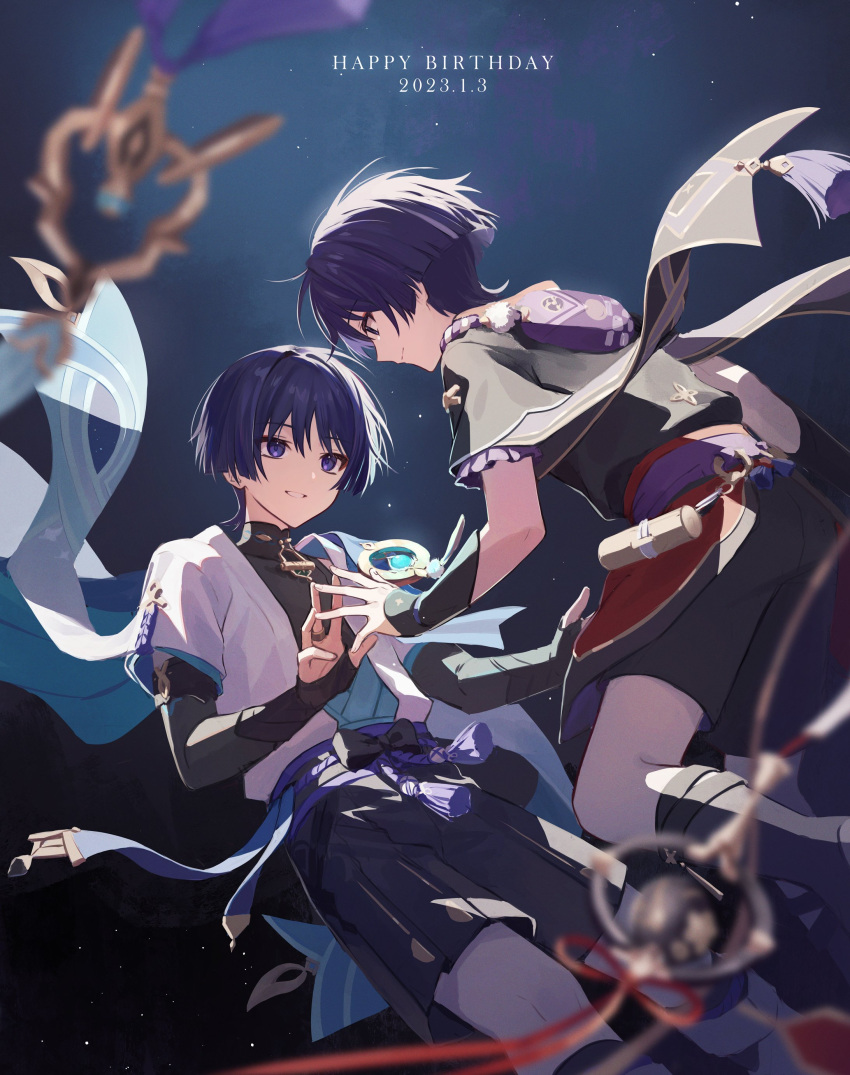 2boys 32_oogawa absurdres armor black_background black_bow black_hair black_sash black_shirt black_shorts blue_cape blue_ribbon blunt_ends blurry blurry_foreground bow bridal_gauntlets cape choppy_bangs closed_mouth commentary_request dated dual_persona eyeshadow genshin_impact grin hair_between_eyes hands_up happy_birthday highres jacket japanese_armor japanese_clothes kote kurokote looking_at_another makeup male_focus multiple_boys no_headwear open_clothes open_jacket parted_bangs pom_pom_(clothes) purple_hair purple_sash red_eyeshadow ribbon rope sash scaramouche_(genshin_impact) shirt short_hair short_sleeves shorts smile tassel violet_eyes vision_(genshin_impact) wanderer_(genshin_impact) white_jacket wide_sleeves