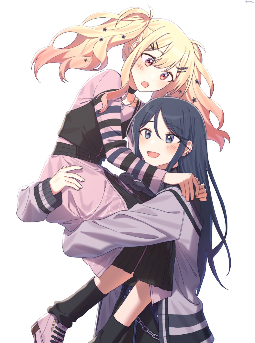 2girls black_choker black_eyes black_hair black_socks blonde_hair carrying carrying_person chain choker cocov commentary_request dot_nose fingernails gradient_hair hair_ornament hairpin highres hoshino_ichika_(project_sekai) jewelry korean_commentary long_hair long_sleeves looking_at_another multicolored_hair multiple_girls necklace no_seek_no_find_(project_sekai) official_alternate_costume open_mouth pink_eyes pink_hair project_sekai sidelocks simple_background smile socks star_(symbol) star_hair_ornament tenma_saki twintails upper_body white_background
