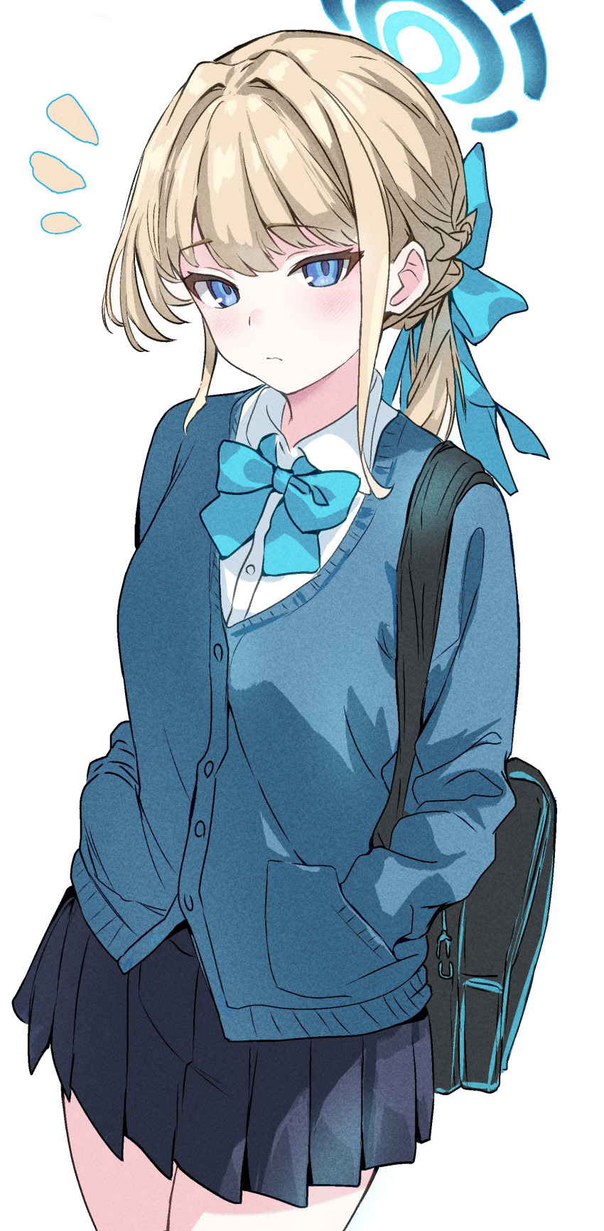 1girl absurdres bag black_skirt blonde_hair blue_archive blue_bow blue_bowtie blue_cardigan blue_eyes blue_halo blush bow bowtie buttons cardigan closed_mouth collared_shirt cowboy_shot halo highres long_hair long_sleeves ossou_rocket pleated_skirt school_bag shirt simple_background skirt solo toki_(blue_archive) white_background white_shirt