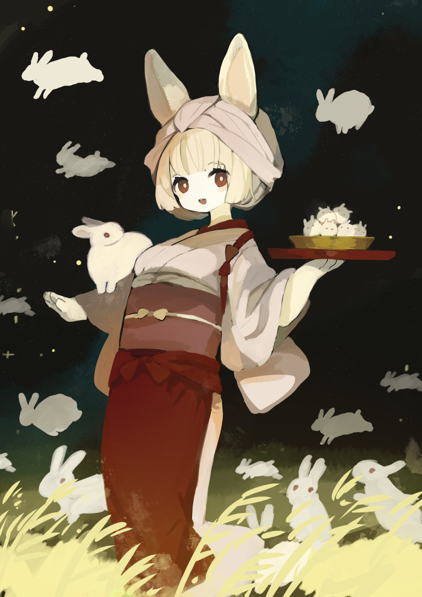 1girl absurdres animal animal_ears animal_on_arm apron blonde_hair blunt_bangs bright_pupils commentary_request dark_background grass hand_up headwear_request highres holding holding_plate japanese_clothes kimono long_sleeves looking_at_viewer night obi obiage obijime open_mouth original outdoors pale_skin plate rabbit rabbit_ears rabbit_girl red_apron red_eyes sakutake_(ue3sayu) sash short_hair smile solo white_kimono white_pupils wide_sleeves