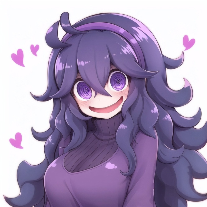 @_@ ahoge ai-assisted blush dress hairband heart hex_maniac_(pokemon) highres long_hair open_mouth pale_skin pokemon pokemon_(game) pokemon_xy purple_dress purple_hair smile spazzmo very_long_hair violet_eyes