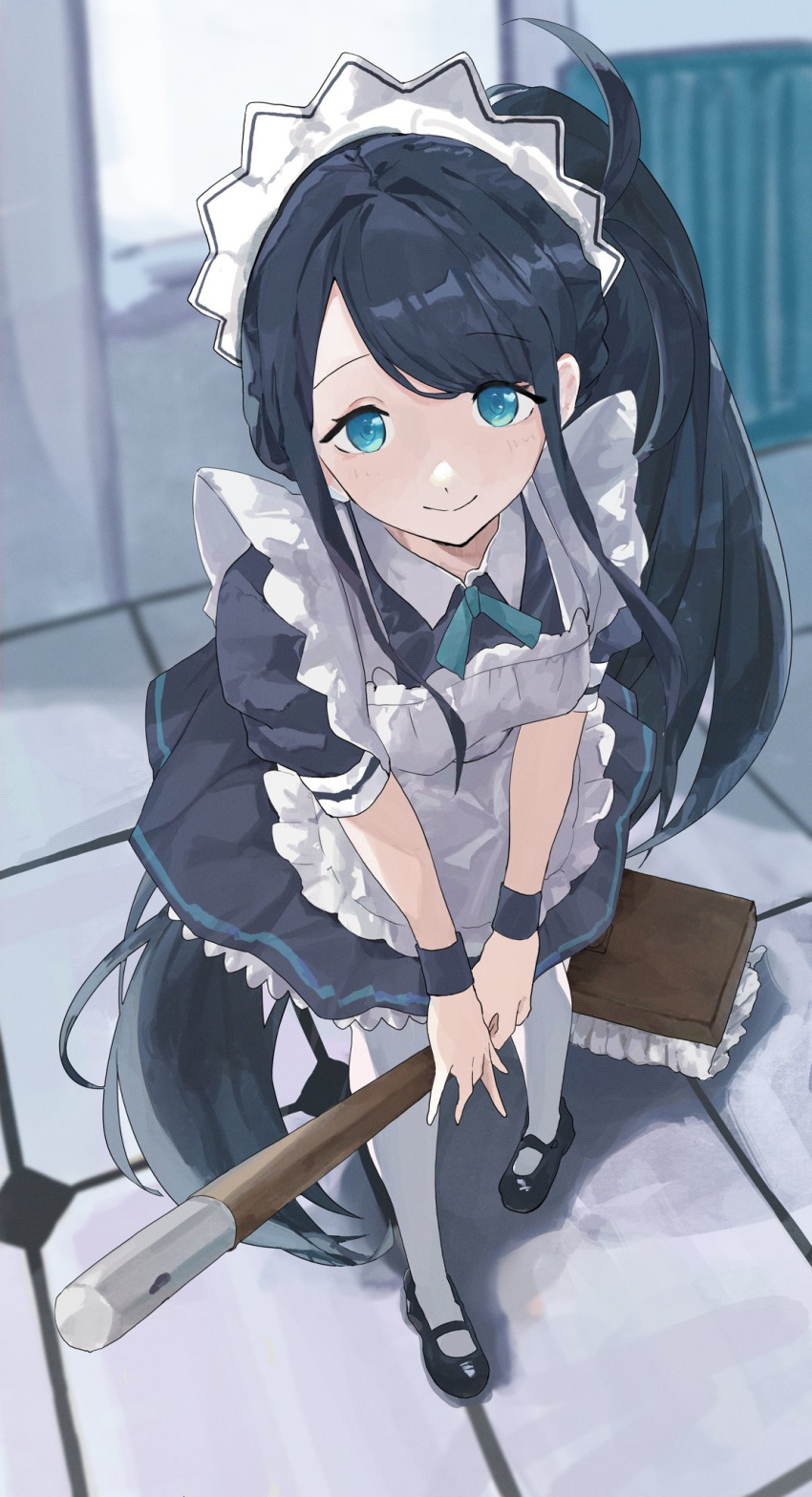 1girl apron aqua_eyes aris_(blue_archive) aris_(maid)_(blue_archive) black_dress black_hair blue_archive blush breasts dress highres holding holding_mop indoors long_hair looking_at_viewer maid maid_apron maid_headdress mary_janes mop official_alternate_costume pantyhose ponytail shoes sidelocks small_breasts smile solo ushiwaka very_long_hair white_apron white_pantyhose wristband