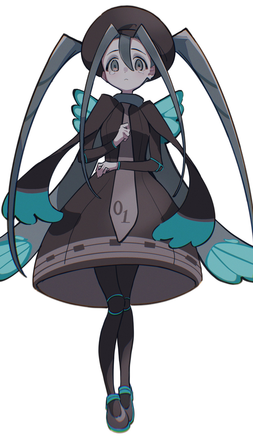1girl absurdres black_dress black_pantyhose blue_hair brown_headwear brown_necktie bug_miku_(project_voltage) closed_mouth commentary_request dress eyeshadow frown full_body full_burrrrrrst grey_footwear hair_between_eyes hair_through_headwear hat hatsune_miku highres long_hair long_sleeves looking_at_viewer makeup necktie pantyhose pokemon project_voltage shoes simple_background solo standing tearing_up tears twintails very_long_hair vocaloid white_background