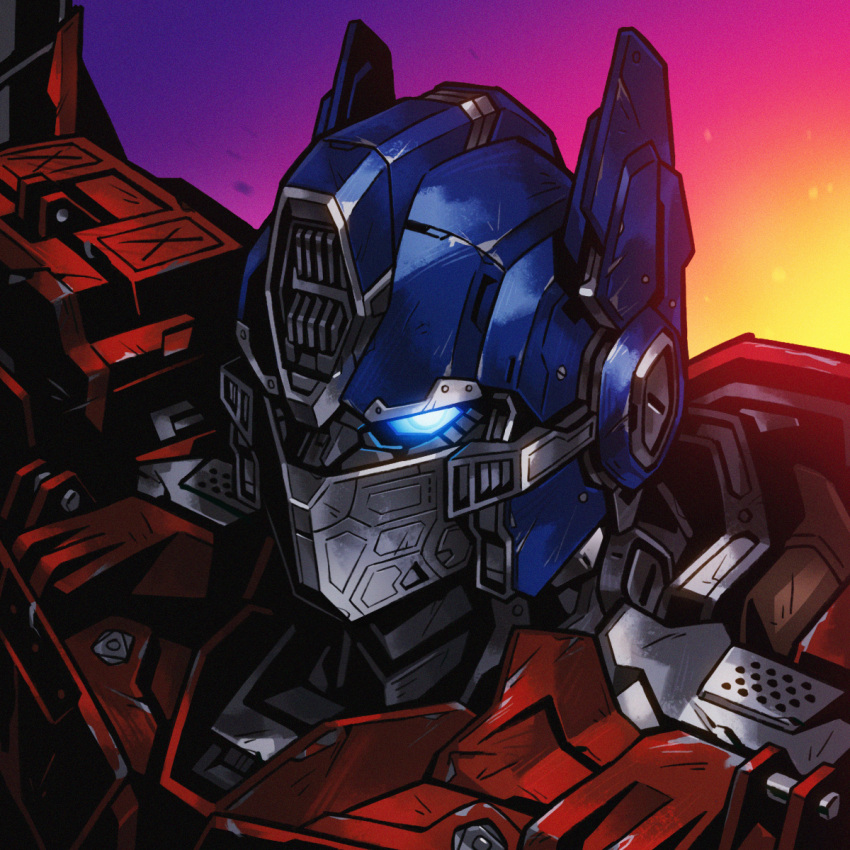 autobot blue_eyes chinese_commentary commentary_request glowing glowing_eye highres looking_at_viewer mecha multicolored_background no_humans onion_maru optimus_prime portrait robot science_fiction solo transformers transformers_(live_action)