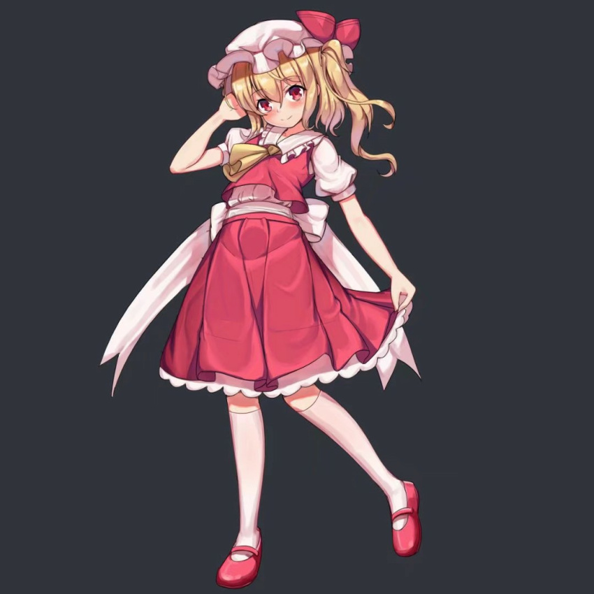 1girl aiza-ku ascot back_bow blonde_hair blush bow closed_mouth dark_background flandre_scarlet full_body grey_background hand_in_own_hair hat head_tilt kneehighs large_bow leaning_back light_smile looking_at_viewer mary_janes medium_hair mob_cap one_side_up puffy_short_sleeves puffy_sleeves red_eyes red_footwear red_skirt red_vest shirt shoes short_sleeves simple_background skirt skirt_set socks solo touhou vest white_bow white_headwear white_shirt white_socks yellow_ascot