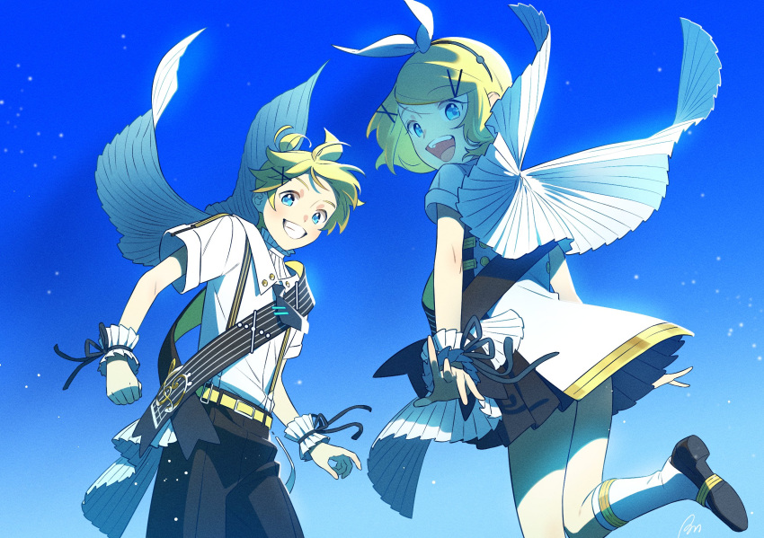 1boy 1girl ahoge bass_clef black_footwear black_pants blonde_hair blue_background blue_eyes blue_sky blue_theme bon_bon_eee bow buttons clenched_hand collar double_horizontal_stripe dress fake_wings frilled_collar frilled_cuffs frills grey_necktie grin hair_ornament hairband hairclip highres kagamine_len kagamine_rin leg_up light_particles looking_at_viewer looking_back mary_janes musical_note necktie open_mouth pale_skin pants pleated_collar pleated_dress sheet_music shirt shoes short_hair short_necktie short_ponytail short_sleeves sky smile socks standing standing_on_one_leg swept_bangs treble_clef turning_head vocaloid white_bow white_dress white_shirt white_socks wings wrist_cuffs yellow_stripes