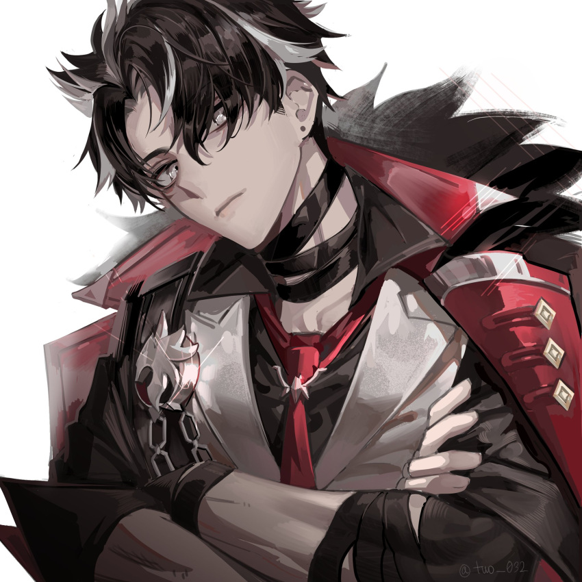 1boy artist_name bandaged_arm bandaged_neck bandages black_coat black_gloves black_hair black_shirt chain closed_mouth coat coat_on_shoulders collared_shirt commentary crossed_arms earrings expressionless fur-trimmed_coat fur_trim genshin_impact glint gloves grey_eyes grey_hair grey_vest hair_between_eyes hair_over_one_eye head_tilt highres jewelry lapels looking_at_viewer male_focus multicolored_hair necktie parted_bangs red_necktie scar scar_on_arm scar_on_face shirt short_hair short_sleeves simple_background solo streaked_hair stud_earrings tow_032 twitter_username two-sided_coat two-sided_fabric upper_body vest white_background wriothesley_(genshin_impact)