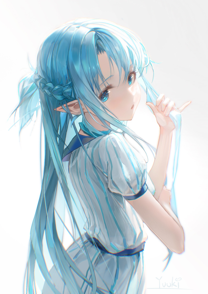 1girl absurdres artist_name asuna_(sao) asuna_(sao-alo) asymmetrical_bangs blue_eyes blue_hair braid commentary_request dress facing_to_the_side fairy_(sao) french_braid from_side highres holding_own_arm looking_at_viewer open_mouth playing_with_own_hair pointy_ears short_ponytail short_sleeves simple_background solo sword_art_online white_dress yuuki_(yuuki08435994)