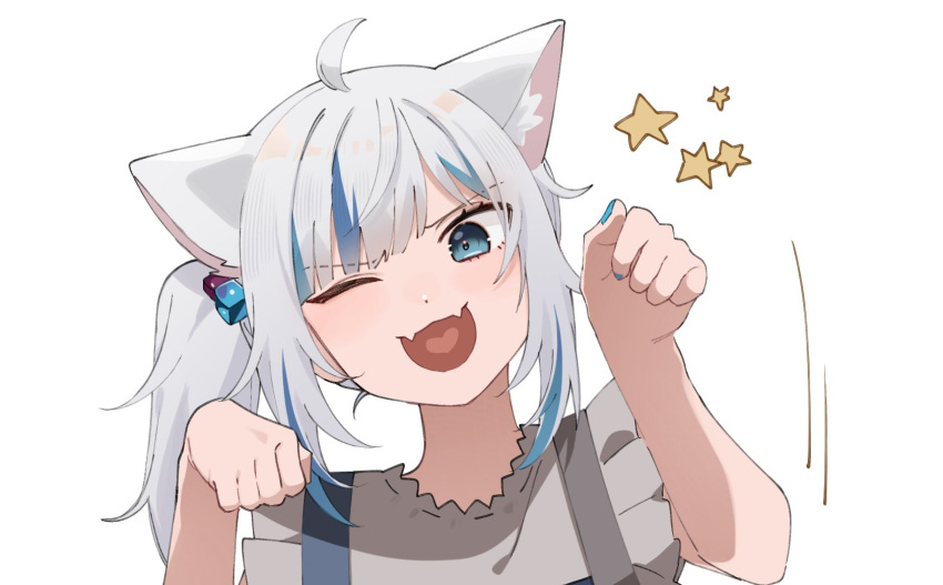 1girl animal_ears blue_eyes blue_hair blue_nails cat_ears cowlick cube_hair_ornament dot_nose fangs gawr_gura gawr_gura_(2nd_costume) hair_ornament hands_up head_tilt heart heart_in_mouth highres hololive hololive_english looking_at_viewer medium_hair mittsu multicolored_hair one_eye_closed open_mouth paw_pose shirt short_hair_with_long_locks side_ponytail sidelocks simple_background skin_fangs solo sparkle streaked_hair suspenders two-tone_hair upper_body white_background white_hair white_shirt