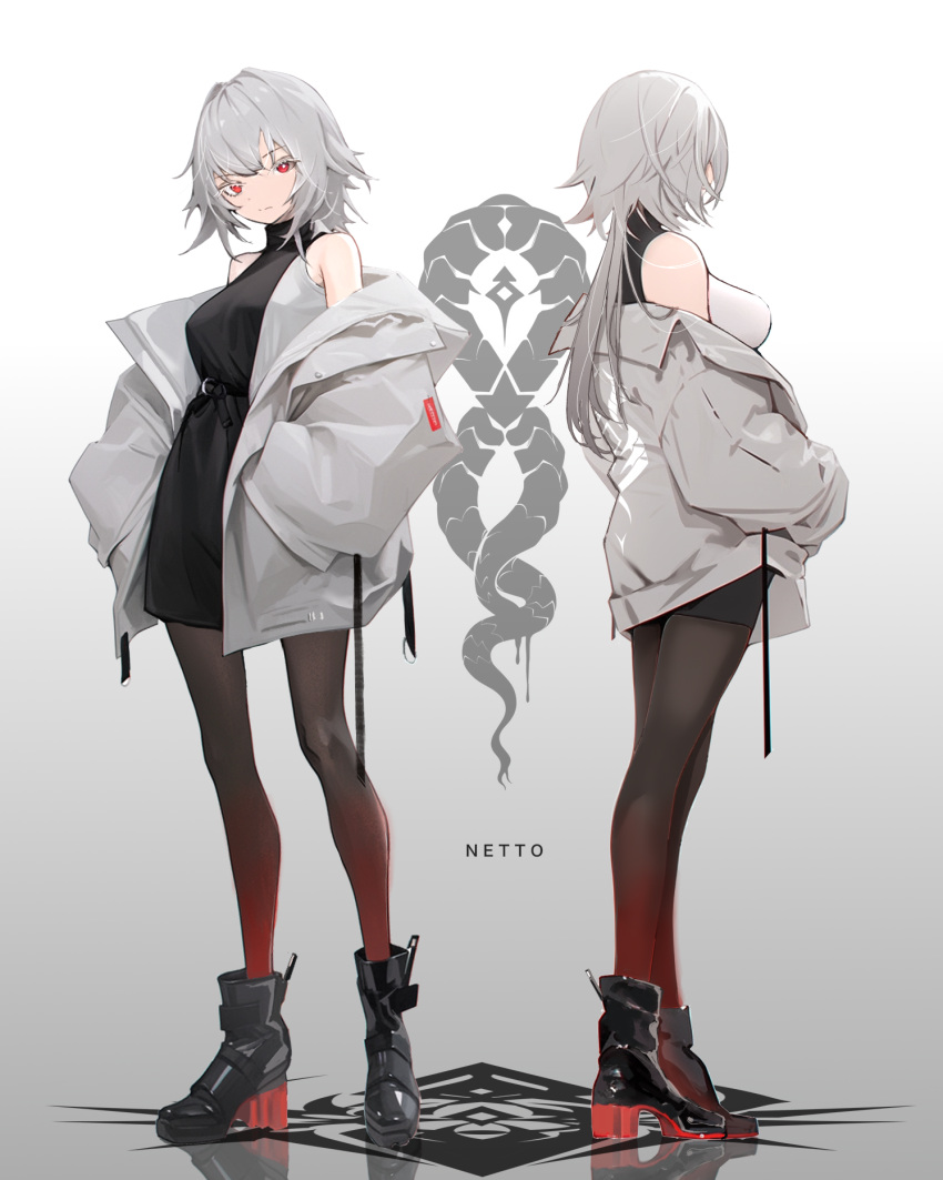 1girl ankle_boots artist_name bare_shoulders black_dress black_footwear boots commentary_request dress full_body gradient_background gradient_legwear grey_background grey_hair grey_jacket hands_in_pockets highres jacket logo long_hair looking_at_viewer multiple_views nid417 off_shoulder open_clothes open_jacket original oversized_clothes pantyhose red_eyes reflective_floor shadow sleeveless sleeveless_dress standing