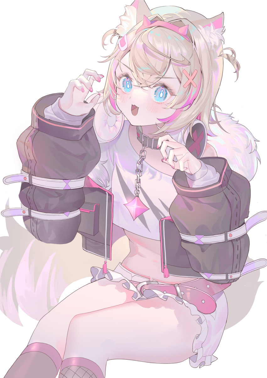 1girl :d absurdres animal_collar animal_ears black_jacket black_socks blonde_hair blue_eyes bright_pupils chain chain_leash collar cropped_jacket cropped_legs cropped_shirt dog_ears dog_girl dog_tail double-parted_bangs frilled_shorts frills hair_between_eyes hair_ornament headband headphones headphones_around_neck highres hololive hololive_english jacket leash light_frown looking_at_viewer luzi/fengli_nanzi medium_hair midriff mococo_abyssgard navel pink_headband pink_nails shirt short_shorts shorts sidelocks single_off_shoulder sitting smile socks tail white_background white_pupils white_shirt white_shorts x_hair_ornament