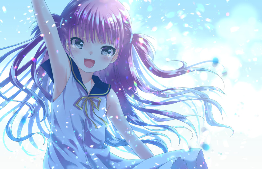 1girl :d arm_at_side arm_up armpits backlighting bloom blue_background blue_sailor_collar blunt_bangs blurry blurry_background blush child commentary_request dress eyelashes fang floating_clothes floating_hair grey_eyes hair_between_eyes happy happy_tears hinata_nonoka katou_umi light_particles long_hair looking_at_viewer neck_ribbon open_mouth purple_hair ribbon sailor_collar sailor_dress simple_background sleeveless sleeveless_dress smile solo summer_pockets tears two_side_up upper_body very_long_hair waving white_dress yellow_ribbon