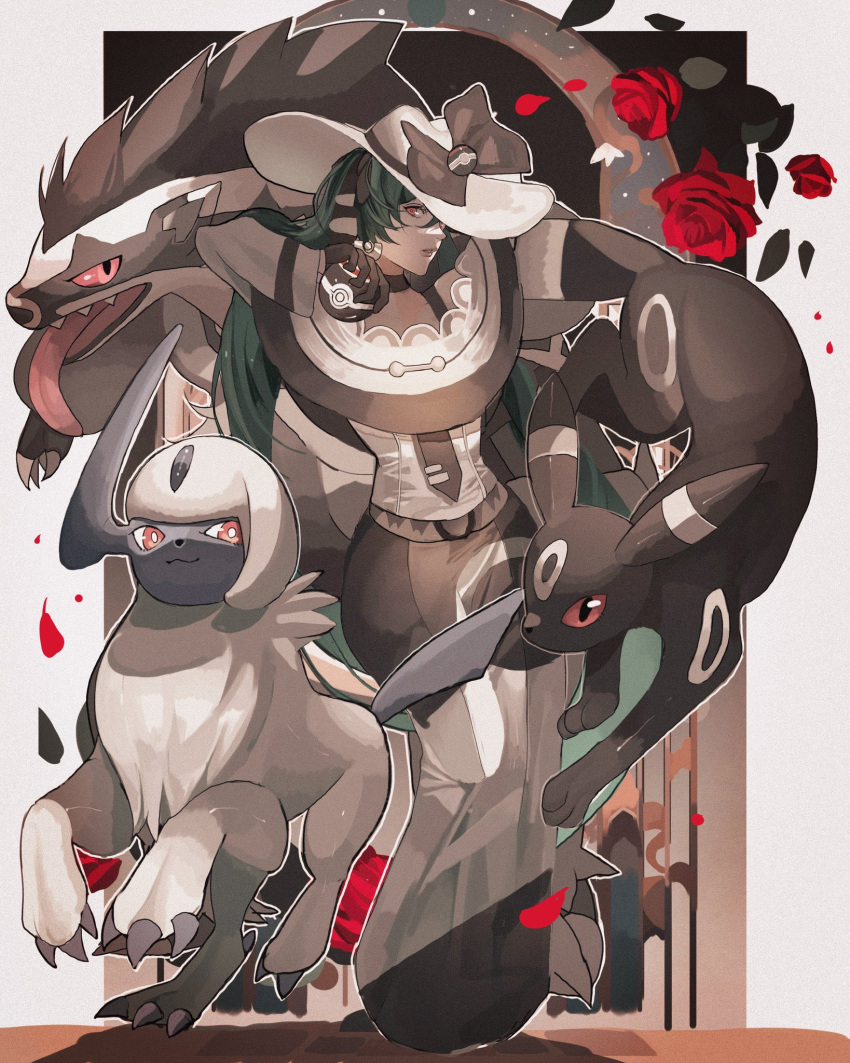 1girl absol black_choker black_gloves black_ribbon choker commentary dark_miku_(project_voltage) dress earrings flower gloves green_hair hat hat_ribbon hatsune_miku highres jewelry long_hair long_skirt long_sleeves looking_at_viewer luxury_ball obstagoon one_eye_covered petals poke_ball pokemon pokemon_(creature) project_voltage red_eyes reo_(mmocc123) ribbon rose rose_petals skirt umbreon vocaloid