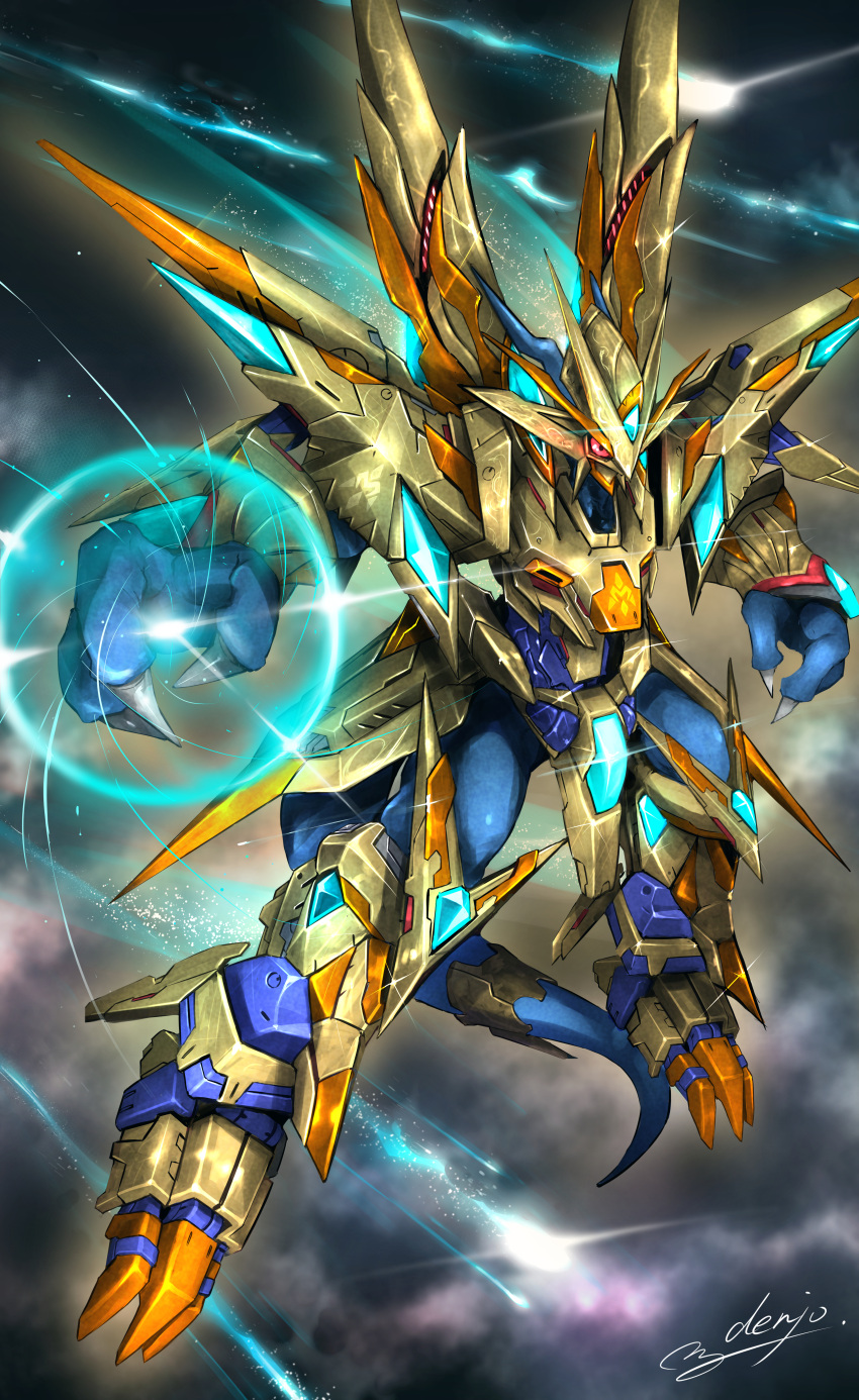 absurdres armor claws clouds commentary_request dark_clouds denjyou23 digimon digimon_(creature) energy_ball full_body gauntlets glint gold_armor helmet highres looking_ahead magnamon_x-antibody no_humans red_eyes shoulder_armor signature solo tail