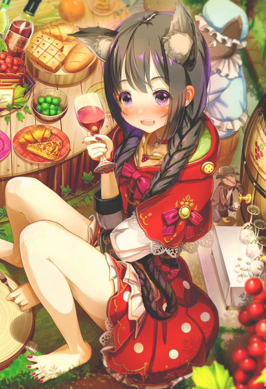 1girl aiuabo alcohol animal_ears bare_legs barefoot black_hair blush bow braid choker cloak cup feet food highres holding holding_cup hood hooded_cloak knees_up legs nail_polish original outdoors red_bow red_nails sidelocks spread_toes toenail_polish toenails toes twin_braids violet_eyes wine wolf_ears