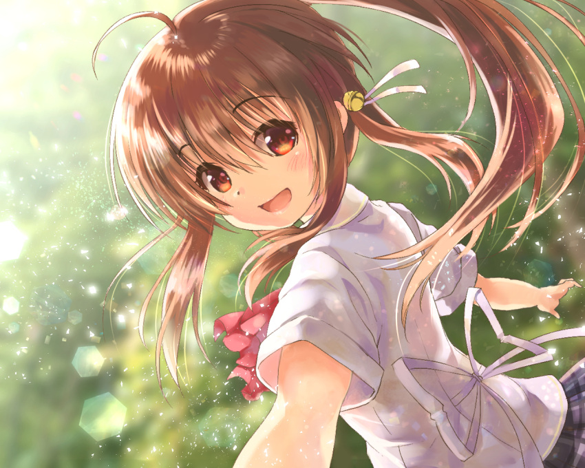 1girl :d ahoge backlighting bell blurry blurry_background brown_hair commentary_request day dress_shirt dutch_angle eyelashes eyes_visible_through_hair floating_hair from_behind grey_skirt hair_bell hair_between_eyes hair_ornament hair_ribbon happy hinata_nonoka jingle_bell lens_flare light_particles little_busters! little_busters!_school_uniform long_hair looking_at_viewer natsume_rin open_mouth outdoors plaid plaid_skirt pleated_skirt ponytail red_eyes ribbon school_uniform shirt short_sleeves sidelocks skirt smile solo upper_body white_ribbon white_shirt