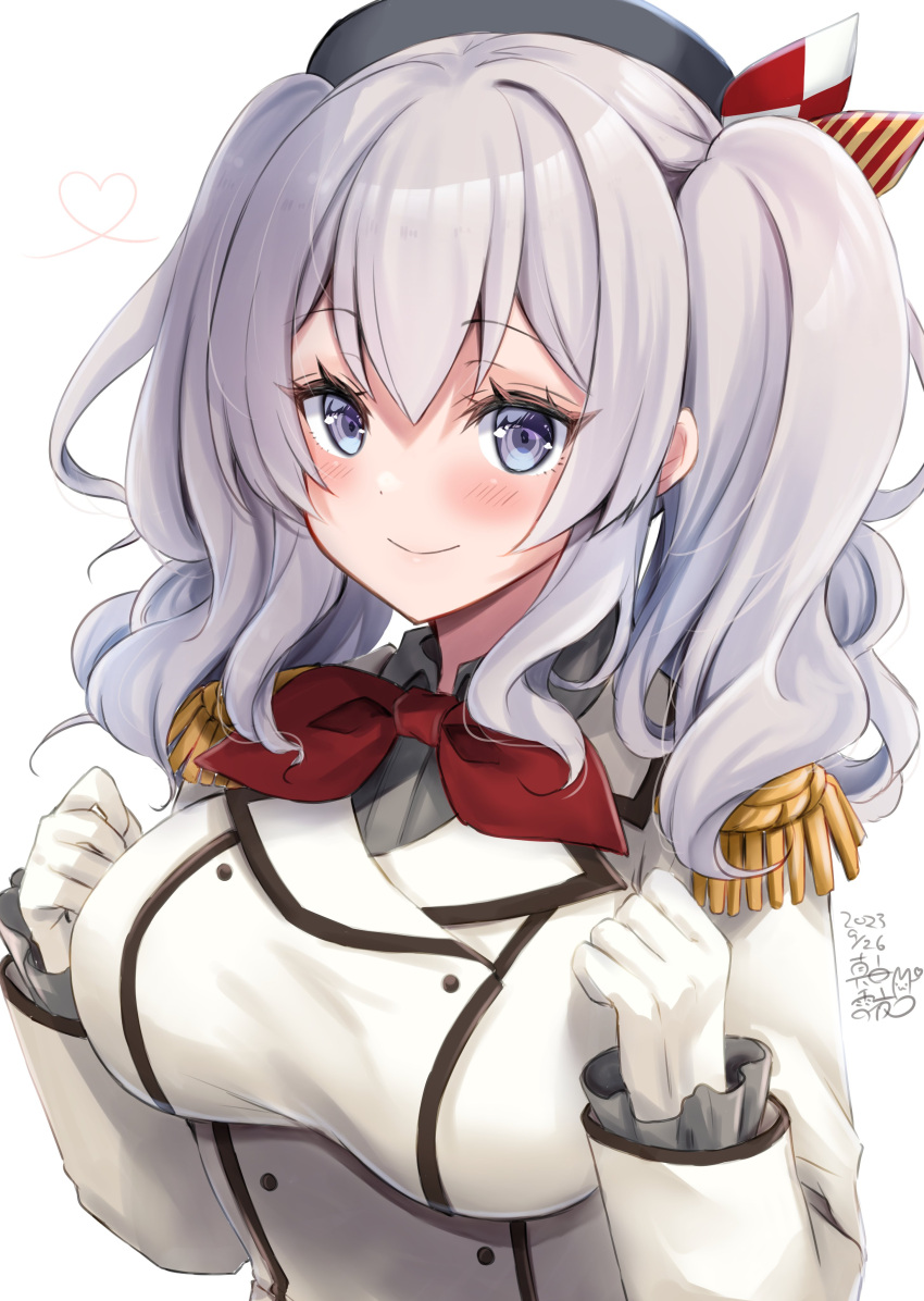 1girl absurdres beret black_headwear blue_eyes breasts buttons closed_mouth commentary_request epaulettes gloves grey_hair hands_up hat highres jacket kantai_collection kashima_(kancolle) large_breasts long_sleeves looking_at_viewer mashiro_yukiya military_jacket neckerchief red_neckerchief smile solo twintails upper_body wavy_hair white_background white_gloves white_jacket