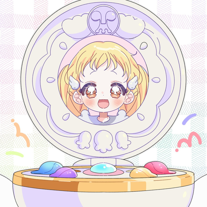1girl :d blonde_hair blush brown_eyes commentary compact_(cosmetics) hand_mirror highres long_hair looking_at_viewer makihatayama_hana mirror ojamajo_doremi open_mouth portrait reflection smile solo symbol-only_commentary twintails white_background wing_hair_ornament yalmyu