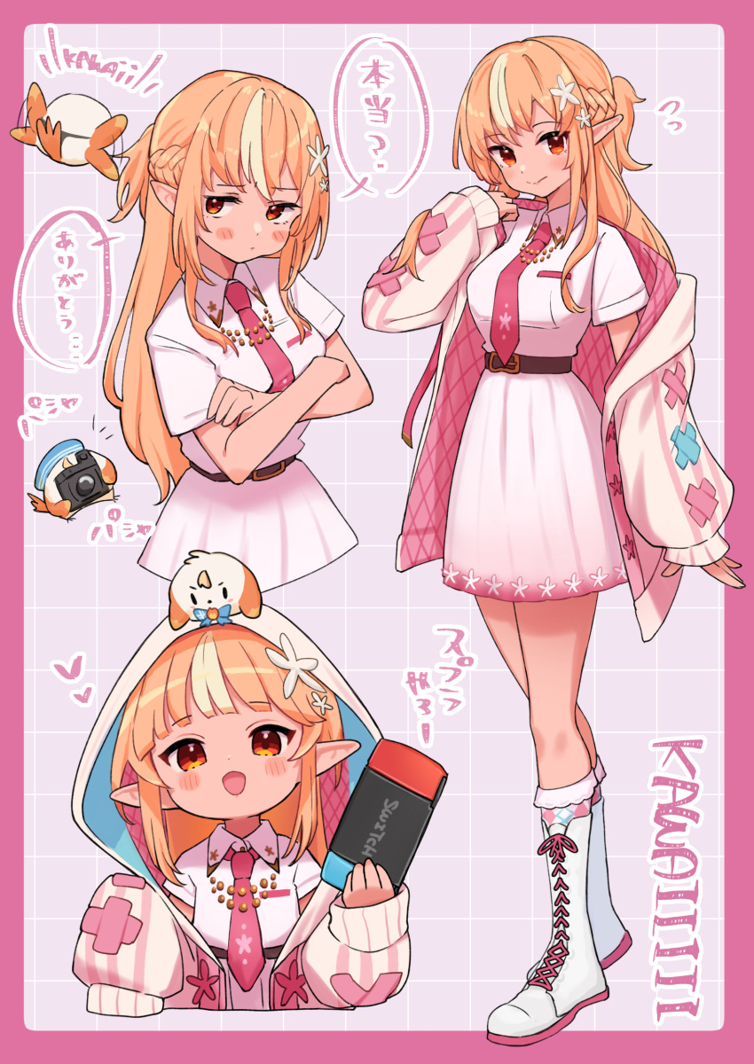 1girl absurdres belt blonde_hair blush boots border camera cherry_blossoms chibi crossed_arms elfriend_(shiranui_flare) english_text full_body heart highres hololive hood hood_up hooded_jacket jacket knee_boots long_hair looking_at_viewer necktie nintendo_switch open_mouth pink_background pink_border pink_necktie pink_theme pointy_ears pout sasaki_(glass1138) shiranui_flare skirt speech_bubble translation_request virtual_youtuber white_footwear white_hair yellow_eyes