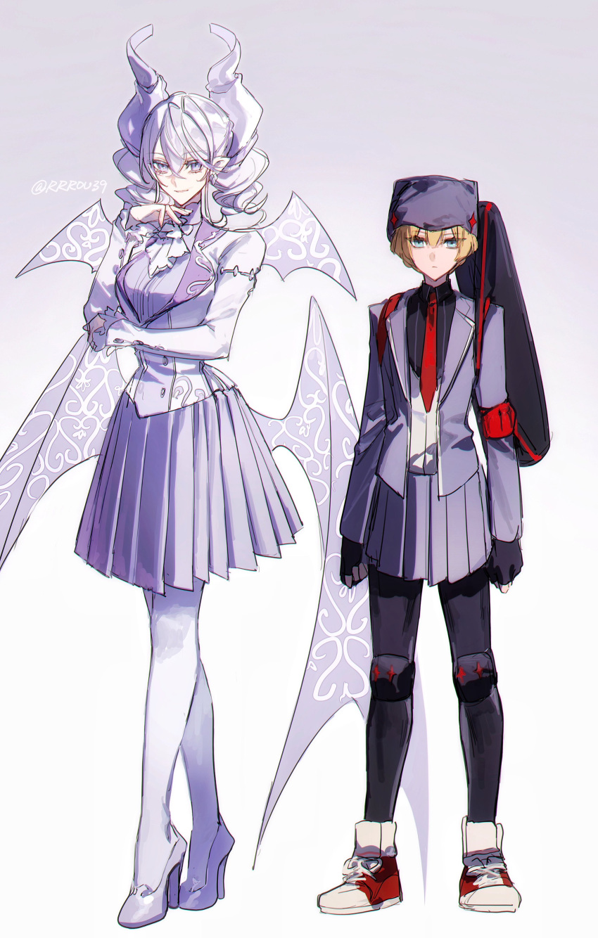 absurdres alternate_costume armband breasts demon_girl demon_horns demon_wings dress duel_monster grey_eyes grey_hair high_heels highres horns jacket knight_(yu-gi-oh!) large_breasts looking_at_viewer lovely_labrynth_of_the_silver_castle low_wings multiple_girls multiple_wings naoki_(2rzmcaizerails6) ojou-sama_pose open_clothes open_jacket pleated_skirt pointy_ears red_tie school_uniform shoes skirt smile sneakers thigh-highs transparent_wings twintails white_hair white_horns wings yu-gi-oh!