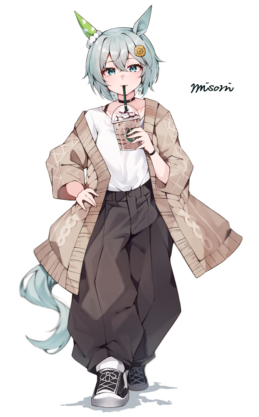 1girl absurdres animal_ears baggy_pants black_choker black_pants blue_eyes blush brown_cardigan cardigan choker drink drinking full_body grey_hair hair_between_eyes highres holding holding_drink horse_ears horse_girl horse_tail long_sleeves misoni_(mi_so_ni_t) open_cardigan open_clothes pants seiun_sky_(umamusume) shirt shoes short_hair signature simple_background sneakers solo tail umamusume white_background white_shirt
