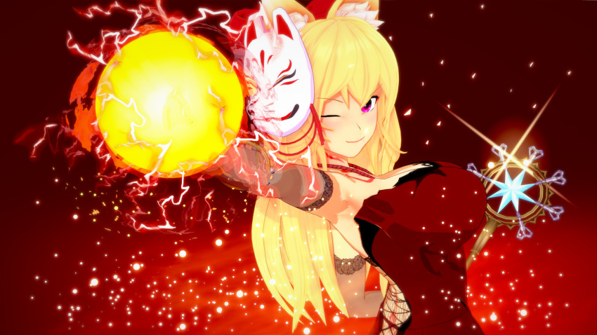 1girl blonde_hair eyebrows_visible_through_hair fox_ears fox_girl fox_mask glowing_weapon highres leaning leaning_back magic orb original original_character pink_eyes red_dress simple_background smile sparkle wink