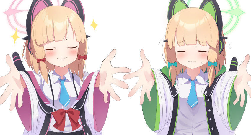 2girls animal_ear_headphones animal_ears bitseon blonde_hair blue_archive blue_necktie blush breasts cat_tail closed_mouth collared_shirt facing_viewer fake_animal_ears foreshortening green_halo halo headphones highres jacket long_sleeves midori_(blue_archive) momoi_(blue_archive) multiple_girls necktie open_clothes open_jacket pink_halo reaching reaching_towards_viewer shirt short_hair siblings simple_background sisters small_breasts smile sparkle tail twins two-sided_fabric two-sided_jacket upper_body white_background white_jacket white_shirt wide_sleeves