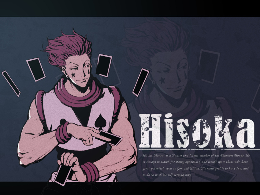 1boy black_eyes card character_name commentary english_text facial_mark highres hisoka_morow holding holding_card hunter_x_hunter letterboxed male_focus muscular muscular_male pink_hair rui_li smile solo star_(symbol) upper_body wrist_cuffs zoom_layer