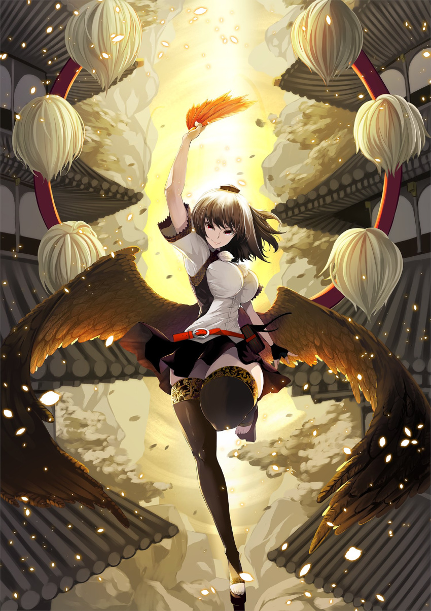 1girl architecture arm_up belt black_hair black_skirt black_thighhighs black_wings breasts building closed_mouth commentary_request east_asian_architecture feathered_wings full_body geta hand_fan hat hauchiwa highres holding holding_fan ishida_kazuma large_breasts looking_at_viewer outdoors pom_pom_(clothes) red_belt red_eyes shameimaru_aya shirt short_sleeves skirt smile solo tengu-geta thigh-highs toeless_legwear tokin_hat touhou white_shirt wings