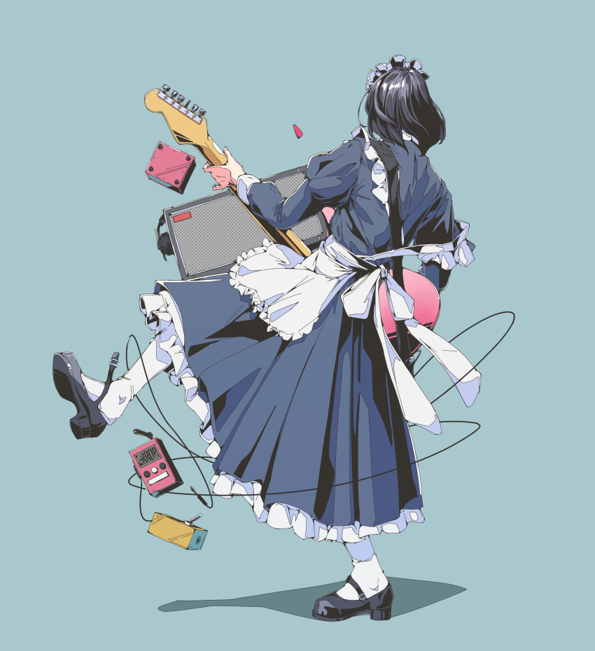 1girl absurdres amplifier apron black_hair blue_background blue_dress bow dress electric_guitar facing_away guitar headphones highres instrument long_sleeves maid maid_apron maid_headdress music original playing_instrument robot0403 solo standing standing_on_one_leg white_apron white_bow wire