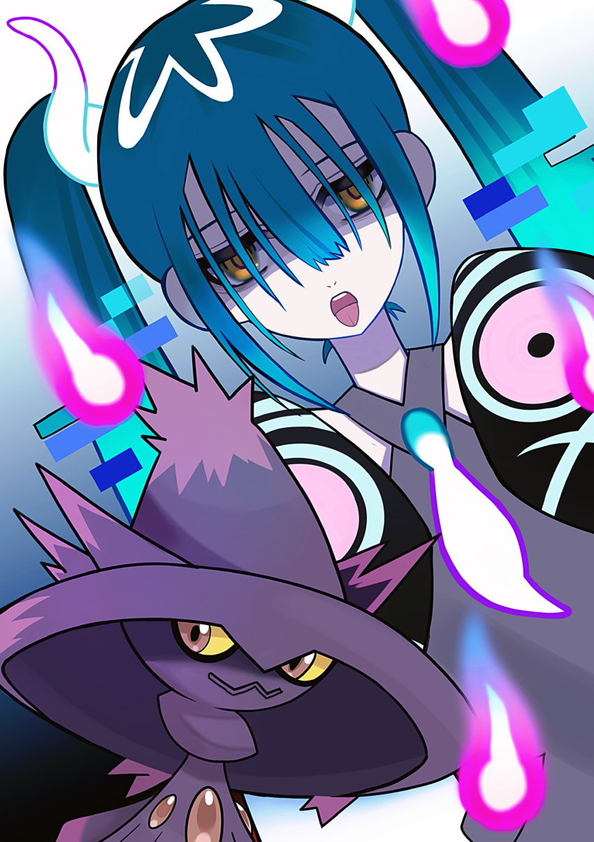 1girl black_background black_sleeves blue_hair choppy_bangs commentary_request dutch_angle ghost_miku_(project_voltage) ghost_pose glitch glowing_neckwear gradient_background gradient_hair grey_shirt hair_ornament hair_over_eyes hands_up hatsune_miku highres hitodama jitome looking_at_viewer mismagius multicolored_hair open_mouth pokemon pokemon_(creature) project_voltage sakuma_kou shirt sleeves_past_fingers sleeves_past_wrists solo straight-on tongue tongue_out upper_body vocaloid white_background will-o'-the-wisp_(mythology) yellow_eyes