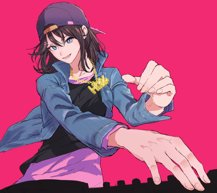 1girl absurdres backwards_hat bang_dream! baseball_cap black_hair black_shirt blue_eyes blue_jacket collarbone commentary_request floating_hair gold_necklace hair_between_eyes hair_ornament hairclip hat highres jacket jewelry long_sleeves looking_at_viewer lower_teeth_only medium_hair necklace okusawa_misaki open_clothes open_jacket open_mouth overshirt pink_background pink_shirt purple_headwear sen'yuu_yuuji shirt simple_background smile solo teeth upper_body