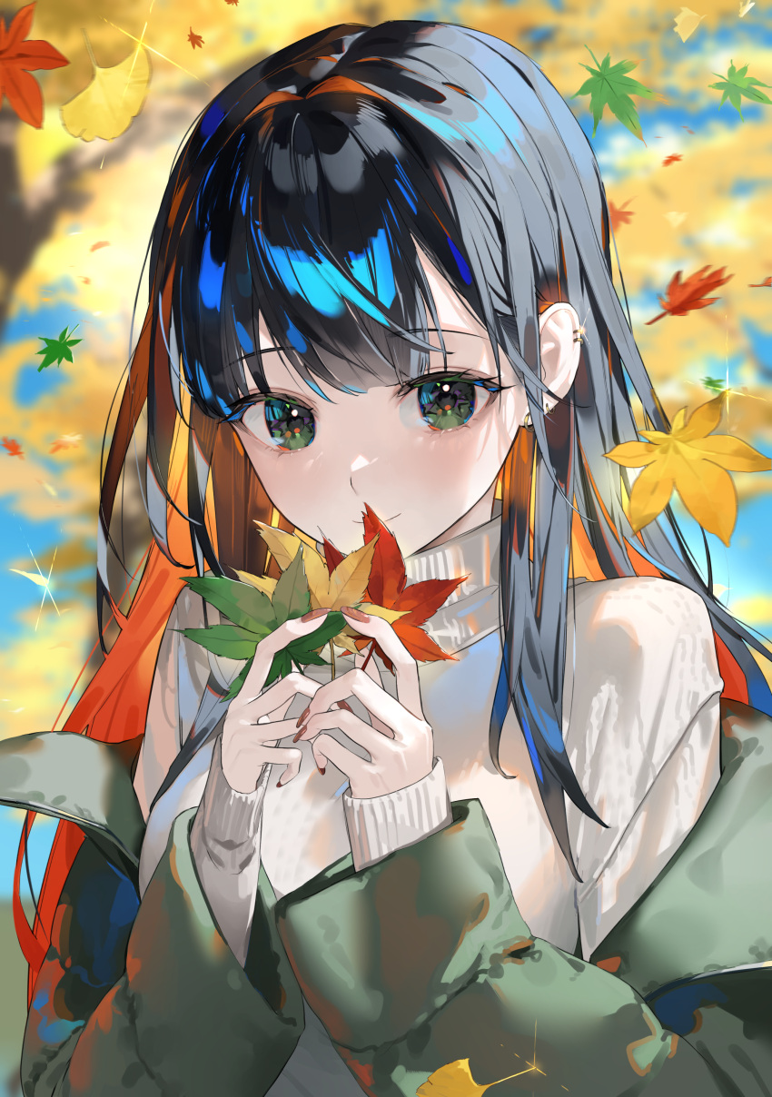 1girl absurdres autumn_leaves black_hair blurry blurry_background closed_mouth colored_inner_hair ear_piercing earrings falling_leaves ginkgo_leaf glint gold_earrings green_eyes green_jacket hair_intakes hands_up highres holding holding_leaf jacket jewelry leaf long_hair long_sleeves looking_at_viewer mizumi_zumi multicolored_hair multiple_earrings nail_polish off_shoulder original outdoors piercing red_nails sleeves_past_wrists smile solo sweater tree two-tone_hair upper_body white_sweater