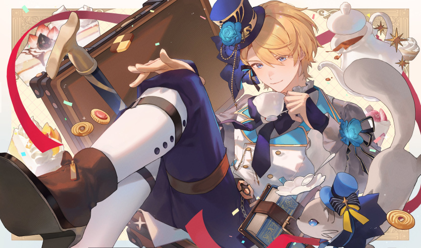 1boy absurdres blonde_hair blue_eyes blue_flower blue_pants book boots brown_footwear cake cake_slice cane cup flower food frilled_shirt_collar frilled_sleeves frills full_body hair_between_eyes hat high_heel_boots high_heels highres hiyamaru holding holding_cup holostars kishido_temma looking_at_viewer male_focus mini_hat mini_top_hat pants ribbon short_hair smile solo suitcase sweets teacup teapot top_hat yonsang_(swordmaster)